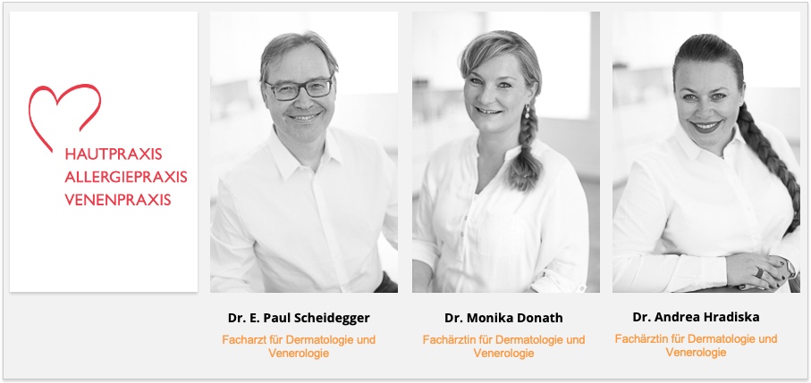 Arztkartei Haut-Allergie-Venenpraxis Brugg Portraits Dr. Scheidegger, Dr. Donath, Dr. Hradiska Copyright 2022 for DocTattooentfernung