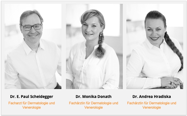 Arztkartei Haut-Allergie-Venenpraxis Brugg Portraits Dr. Scheidegger, Dr. Donath, Dr. Hradiska Copyright 2024 for DocTattooentfernung